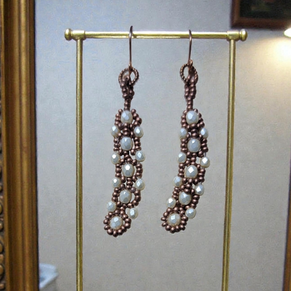 #266 HAND CRAFTED Earrings handmade Czech Fire Polish  Seed Beads Copper